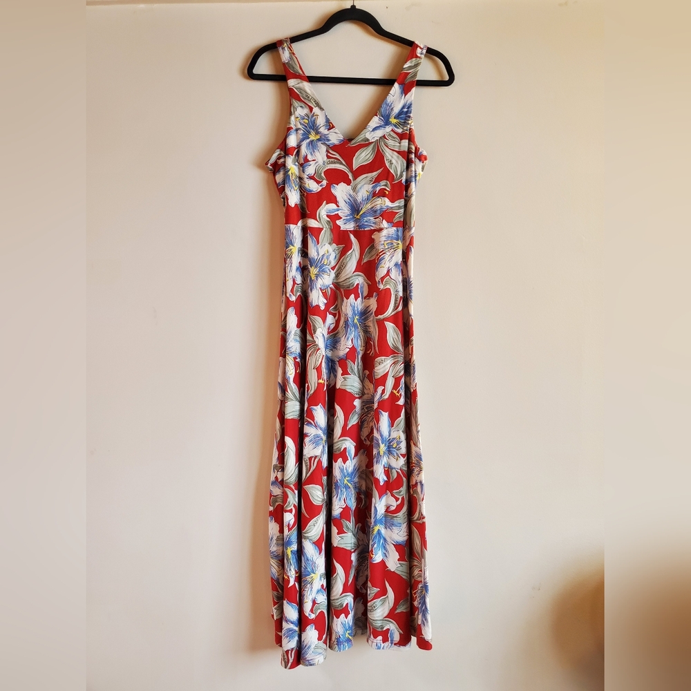 Chaps Red Floral Fit-and-Flare Maxi Dress - Size M